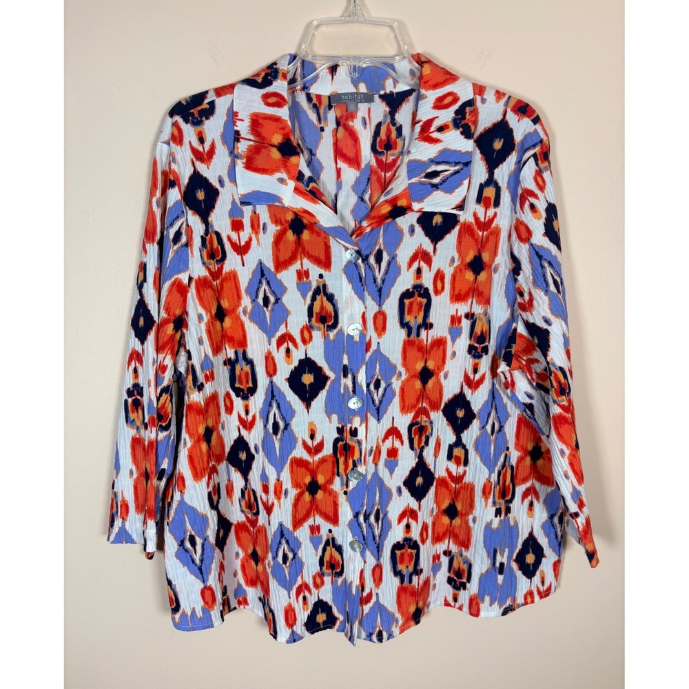 Habitat Ikat Print Button Up‎ Shirt Women's XL 3/4 Sleeve Cotton Blend